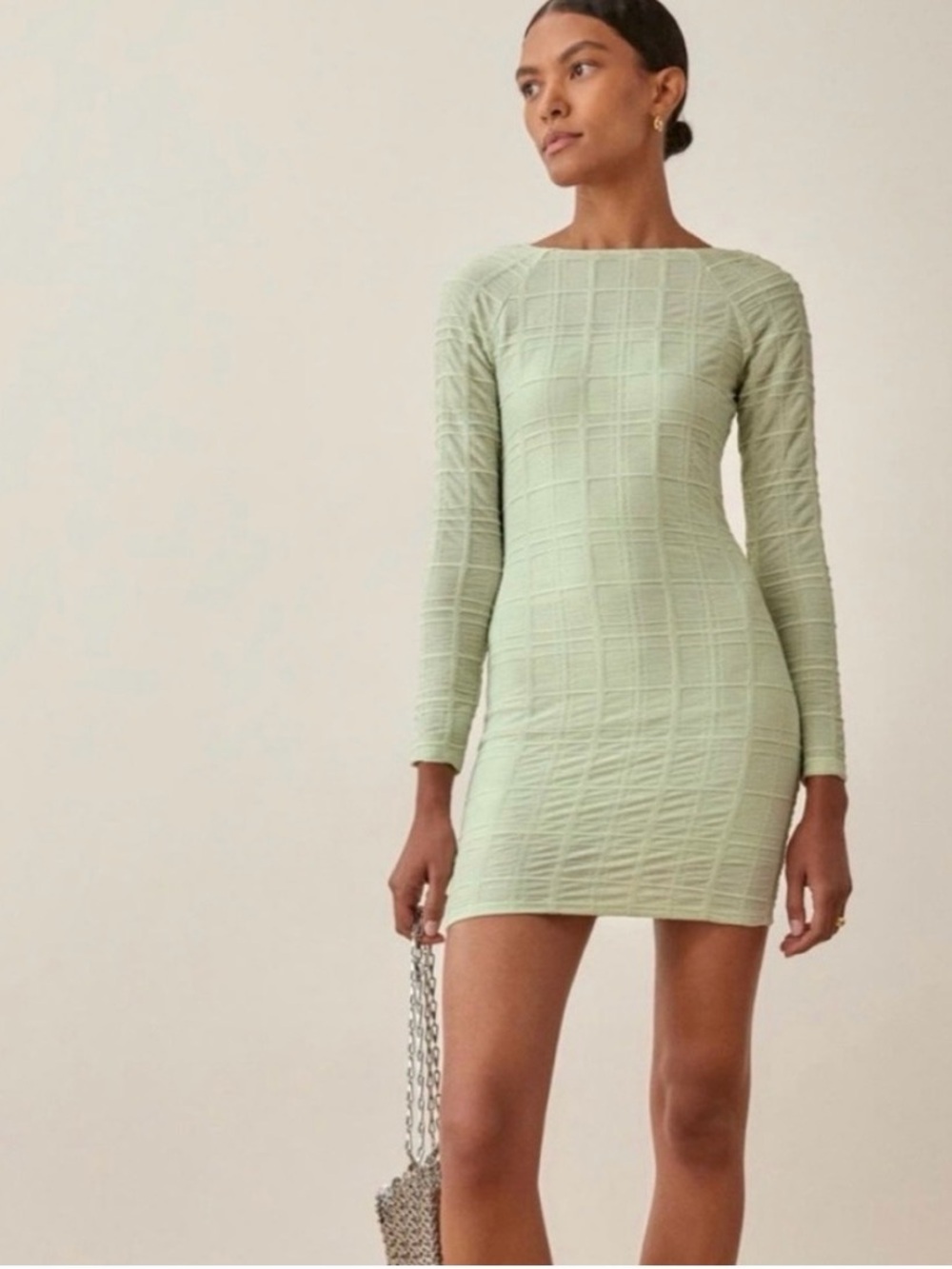 Reformation Light Green Textured Long-Sleeve Mini Dress